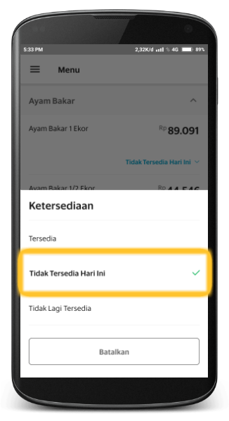 Cara Memperbaharui Status Ketersediaan Menu Restoran di aplikasi grabfood merchant