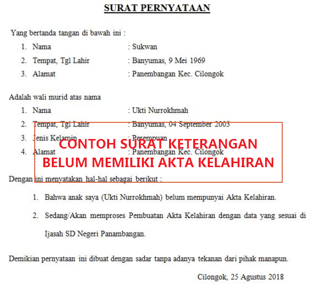 Surat Keterangan Belum Memiliki Akta Kelahiran