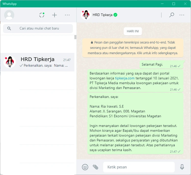 Cara Melamar Kerja Lewat WA Dan Contoh Chat Tip Kerja