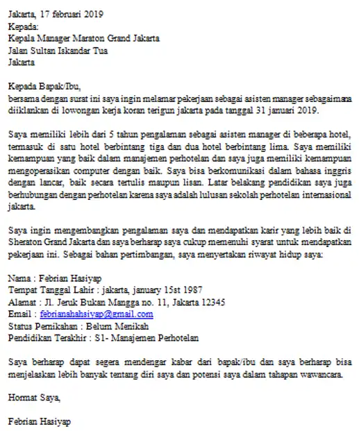 contoh surat lamaran kerja dalam Bahasa Inggris