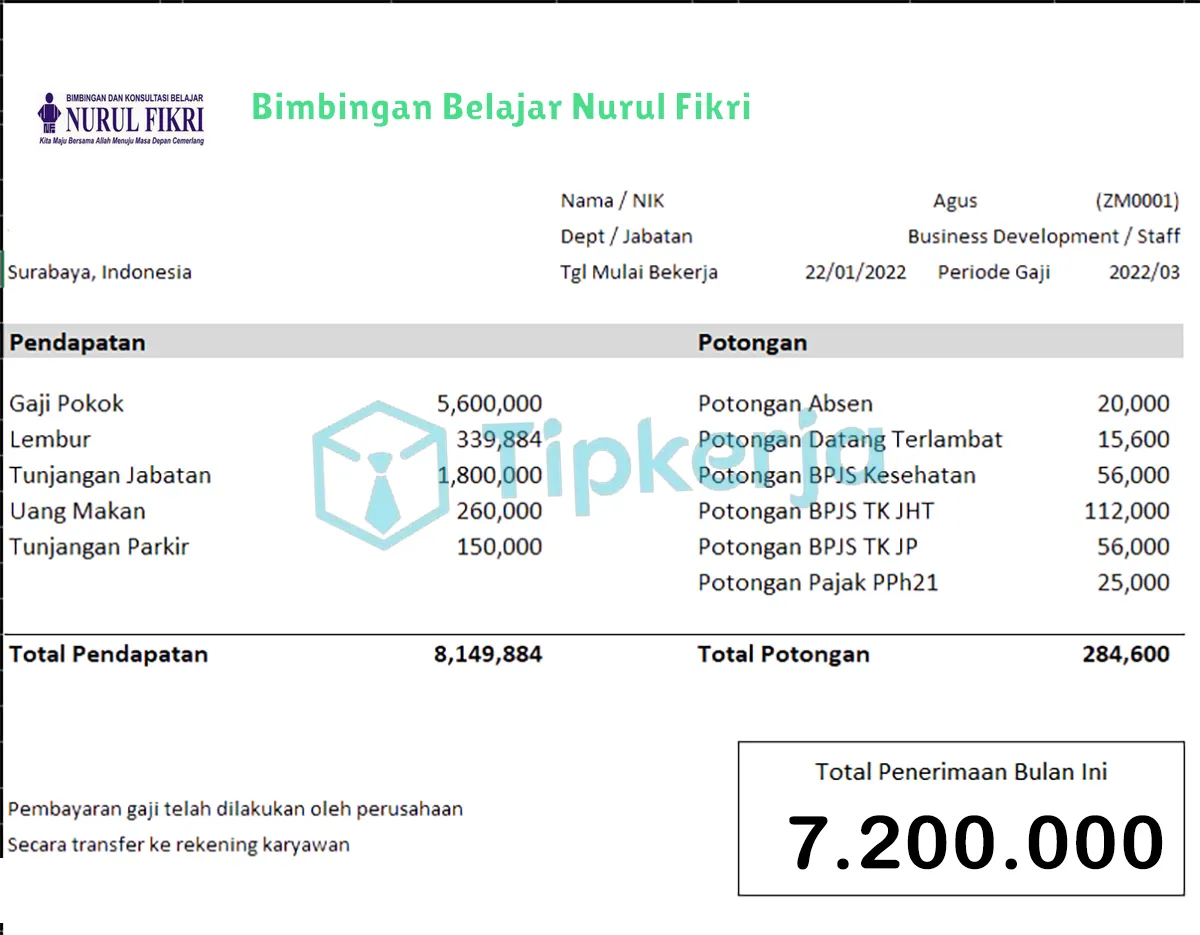 Slip Gaji Bimbingan Belajar Nurul Fikri