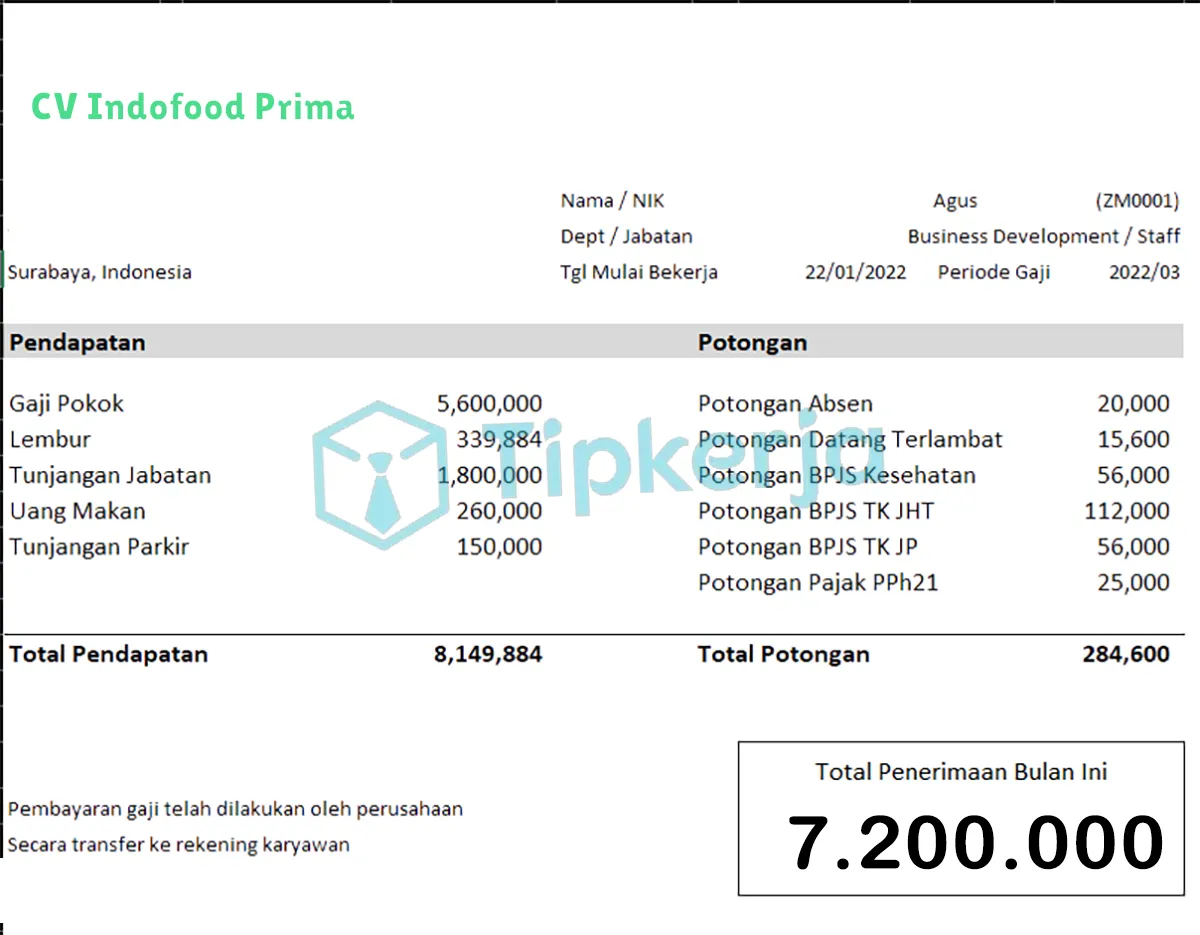 Slip Gaji CV Indofood Prima