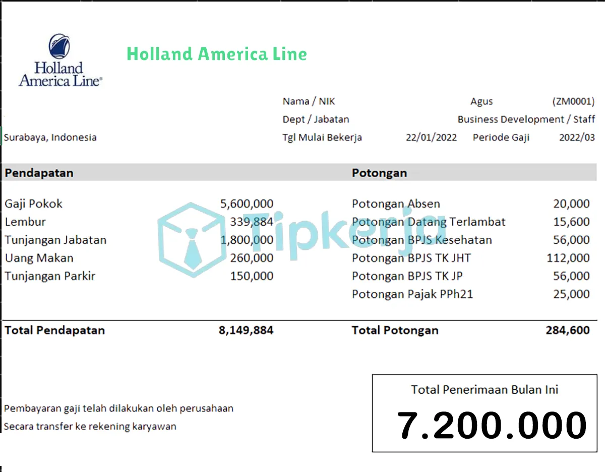 Slip Gaji Holland America Line