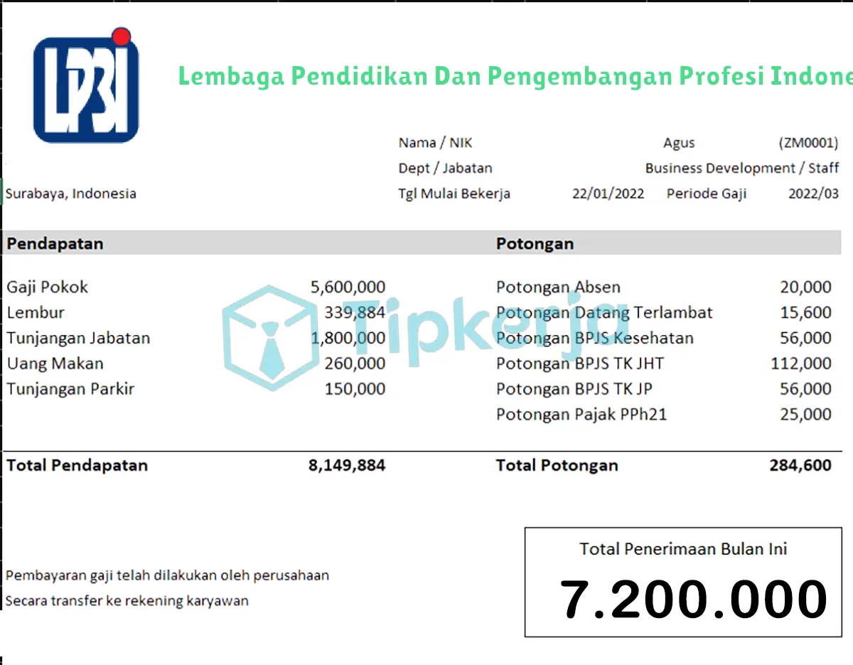 Slip Gaji Lembaga Pendidikan Dan Pengembangan Profesi Indonesia (LP3I)