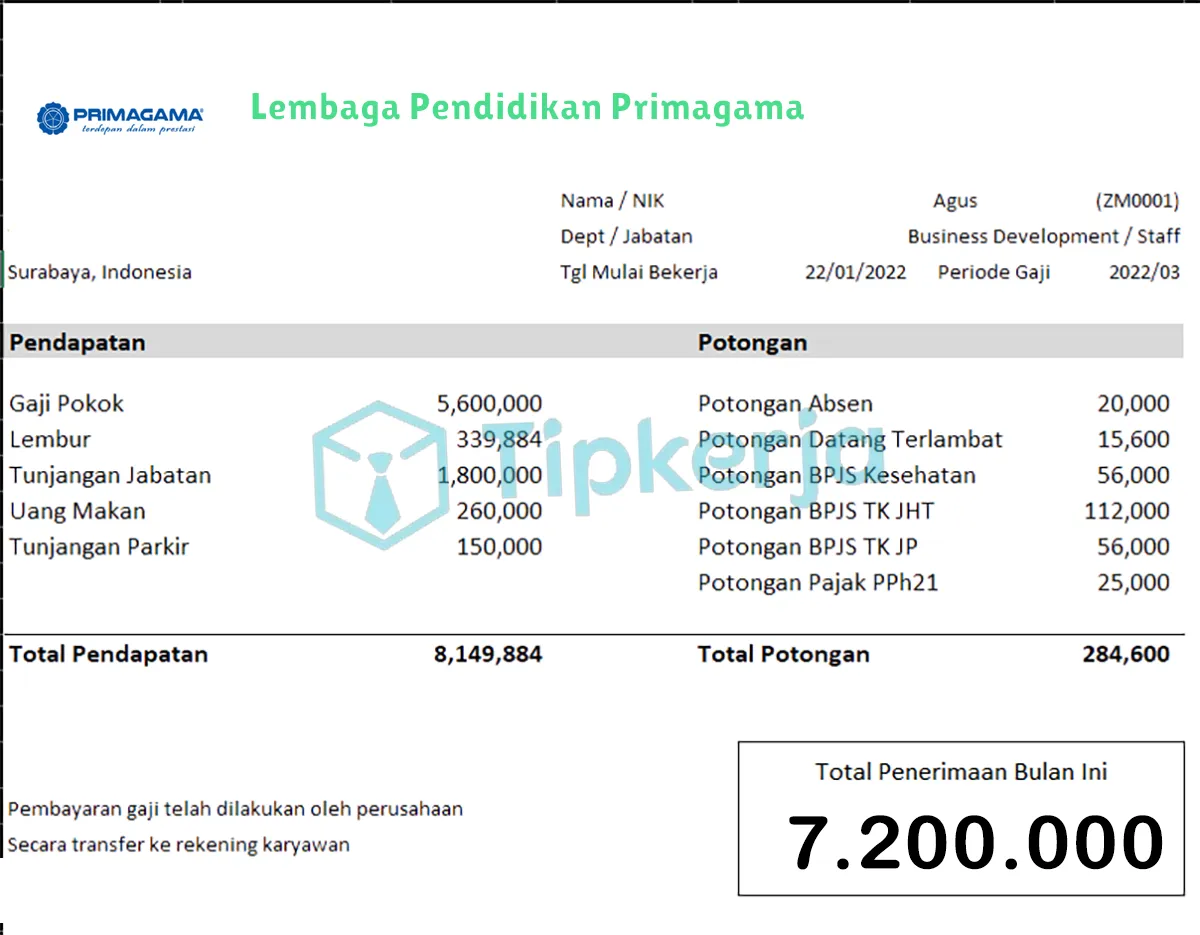 Slip Gaji Lembaga Pendidikan Primagama