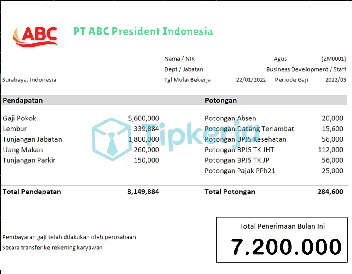 Slip Gaji PT ABC President Indonesia