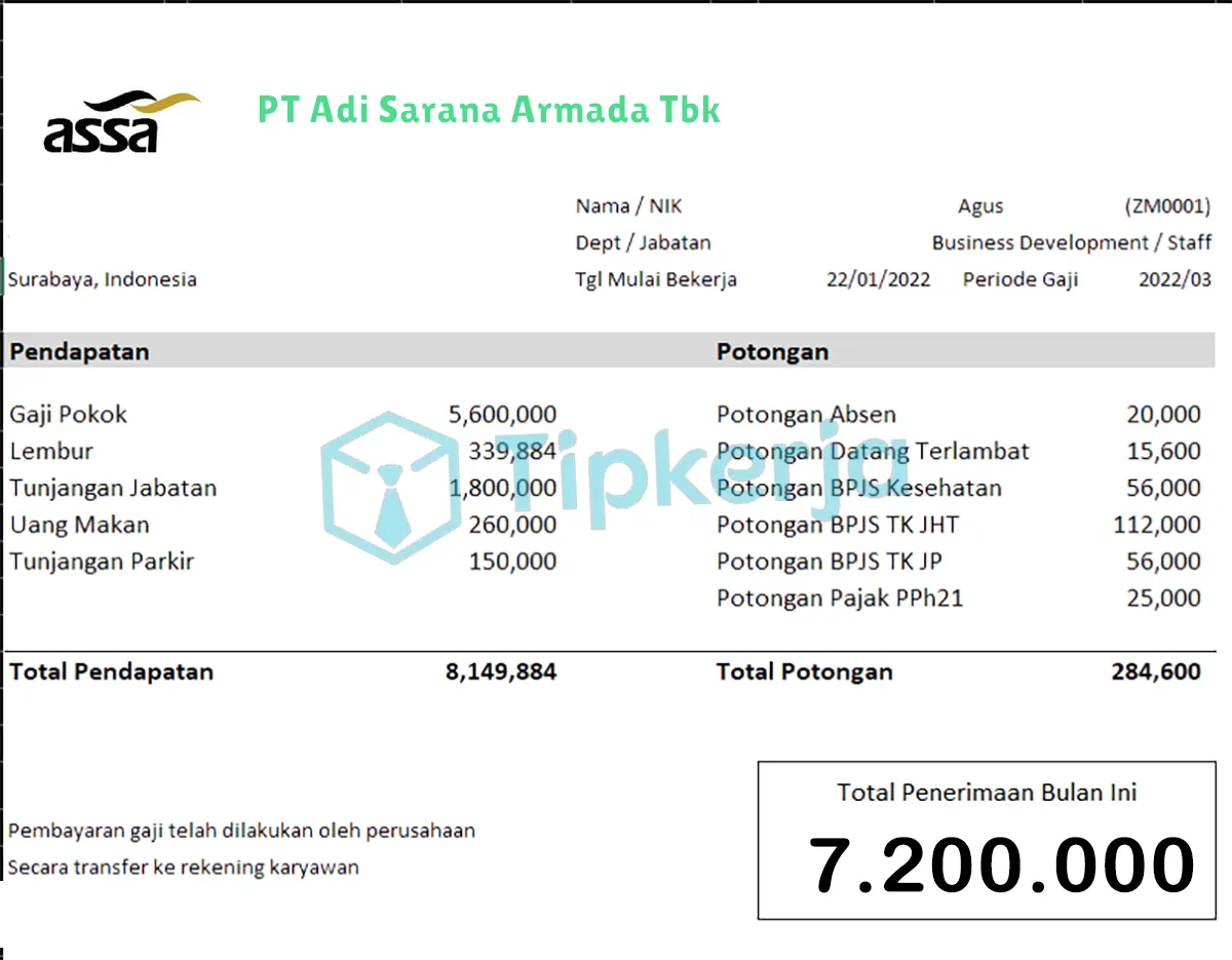 Slip Gaji PT Adi Sarana Armada Tbk