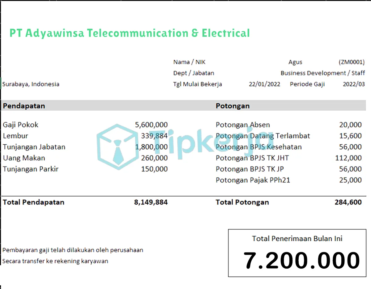 Slip Gaji PT Adyawinsa Telecommunication & Electrical