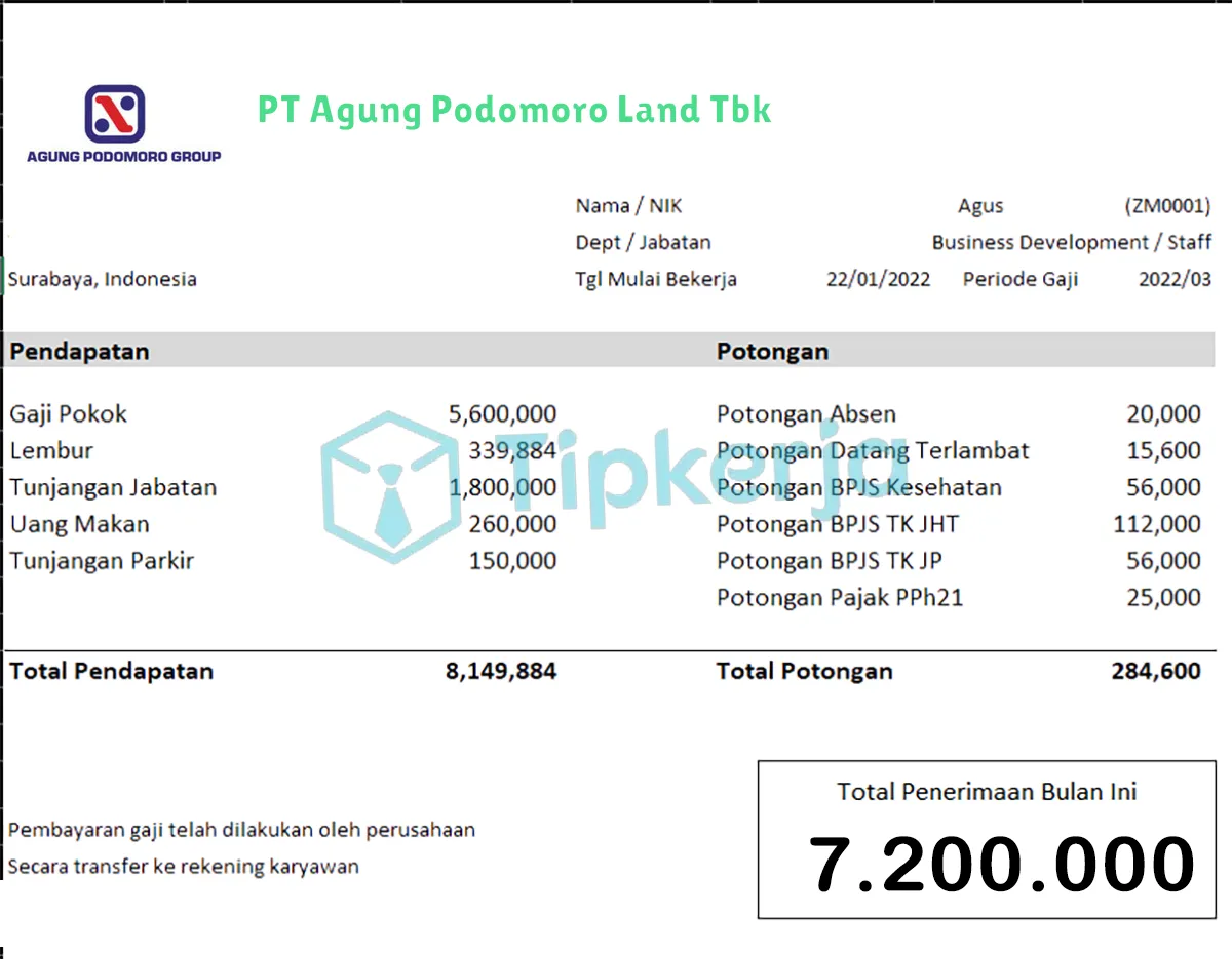 Slip Gaji PT Agung Podomoro Land Tbk