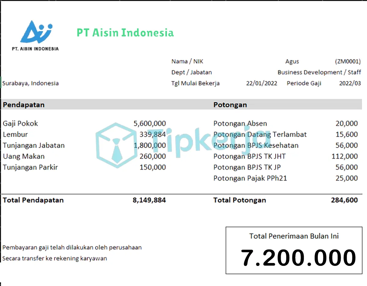 Slip Gaji PT Aisin Indonesia