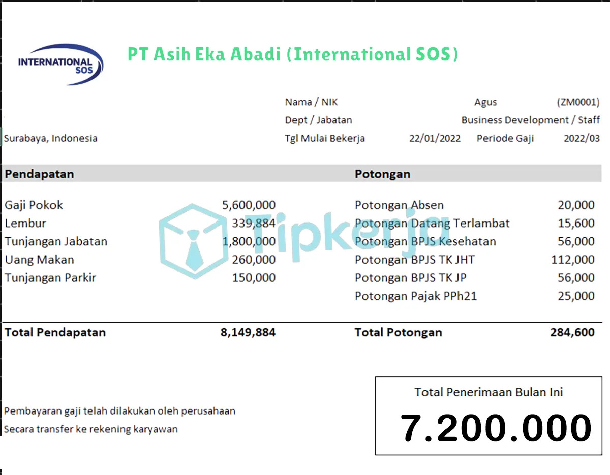 Slip Gaji PT Asih Eka Abadi (International SOS)