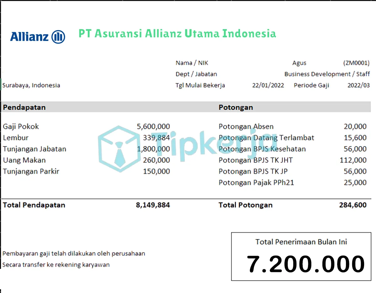 Slip Gaji PT Asuransi Allianz Utama Indonesia