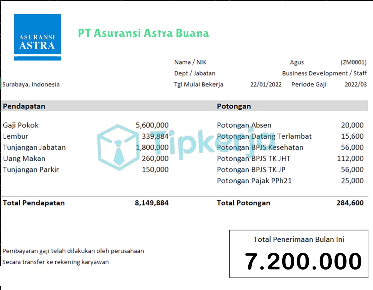 Slip Gaji PT Asuransi Astra Buana