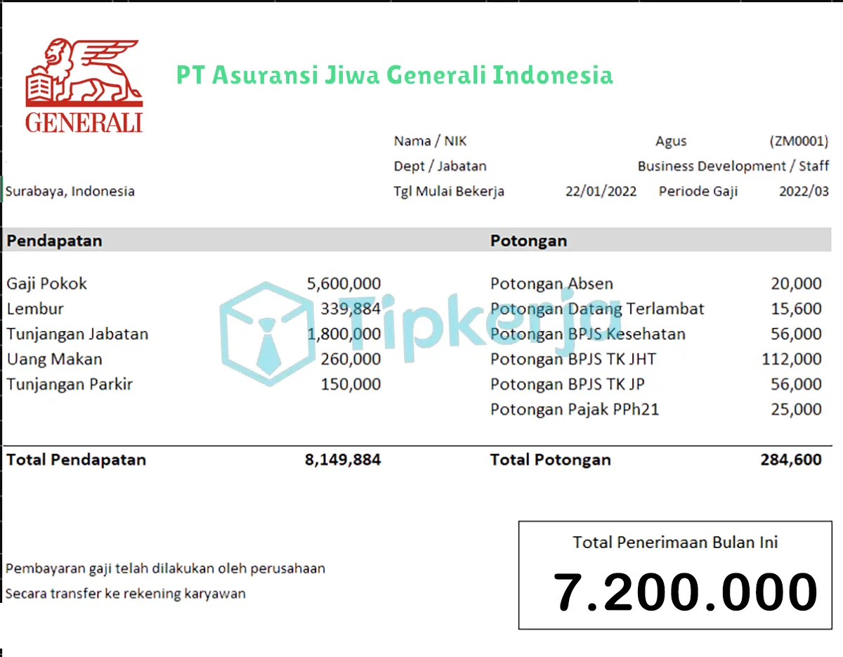 Slip Gaji PT Asuransi Jiwa Generali Indonesia