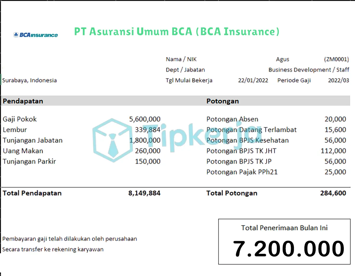 Slip Gaji PT Asuransi Umum BCA (BCA Insurance)