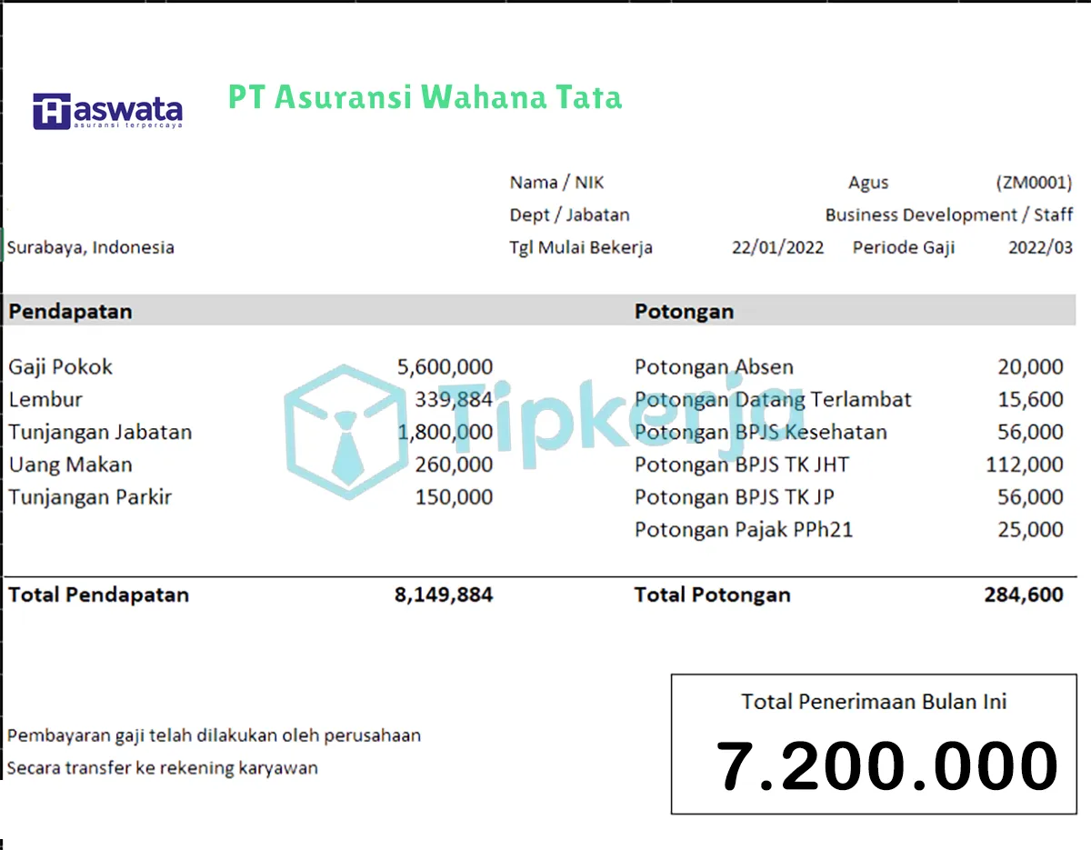 Slip Gaji PT Asuransi Wahana Tata