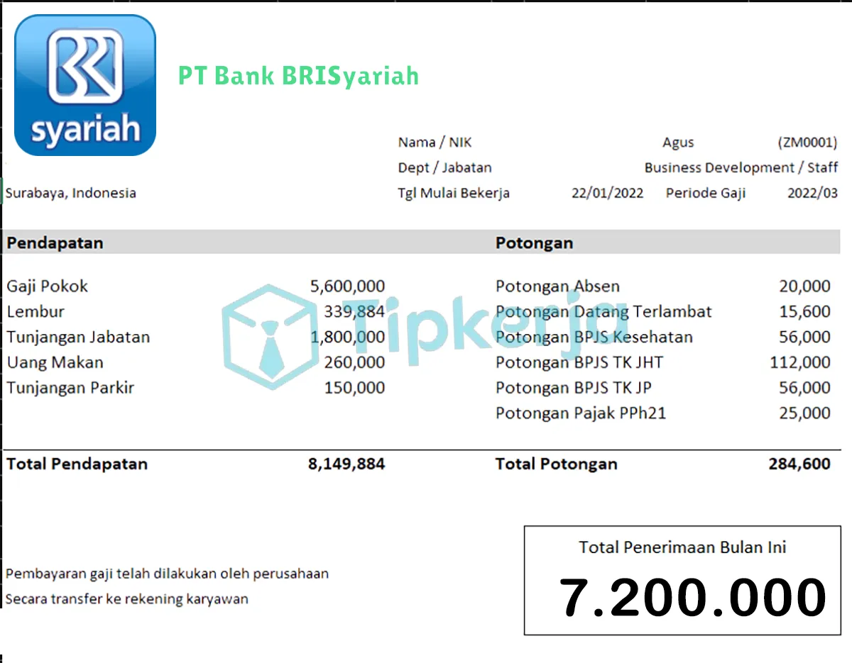 Slip Gaji PT Bank BRISyariah