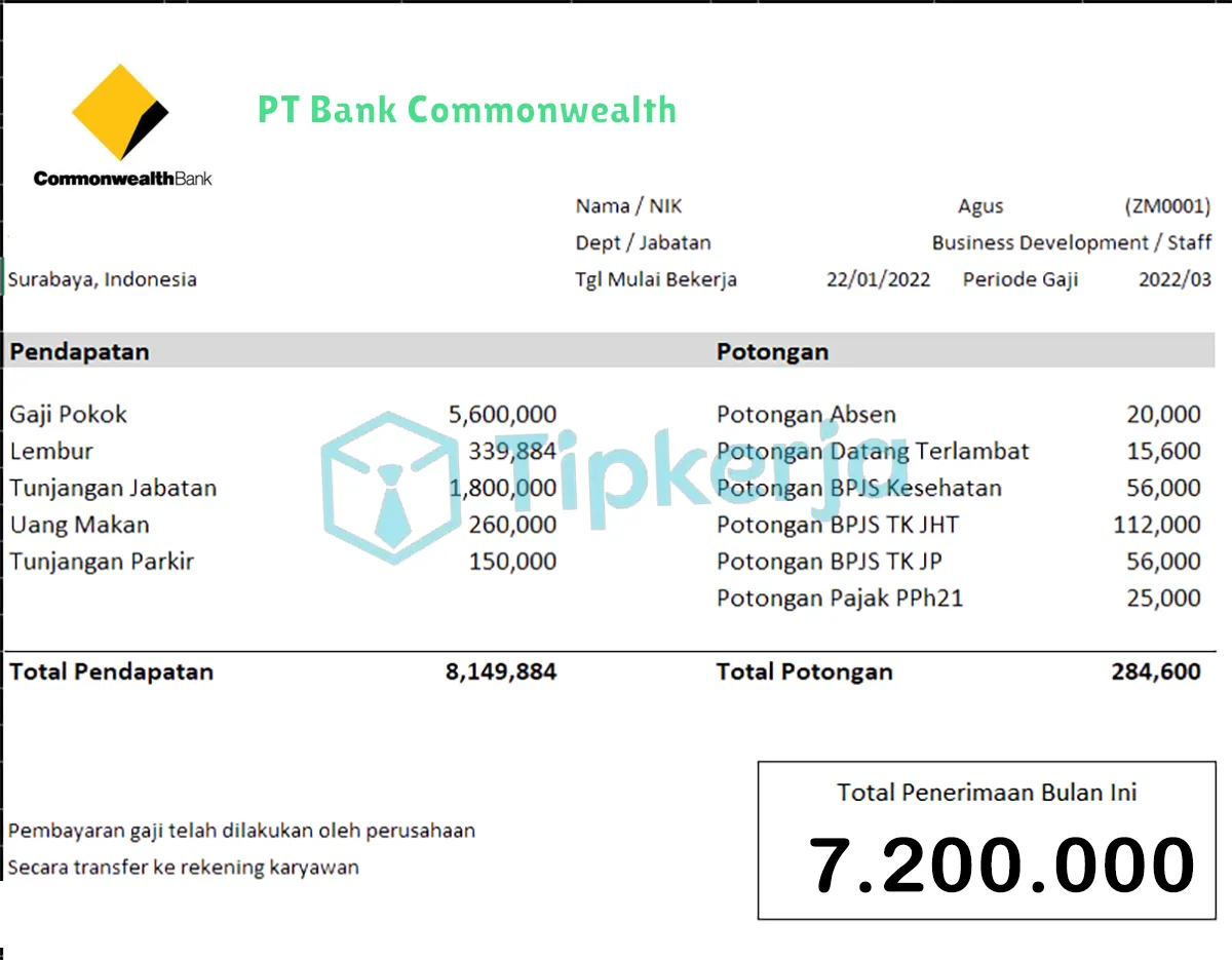 Slip Gaji PT Bank Commonwealth