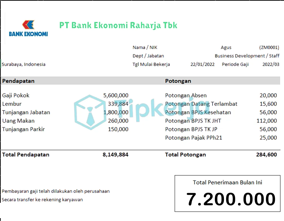 Slip Gaji PT Bank Ekonomi Raharja Tbk