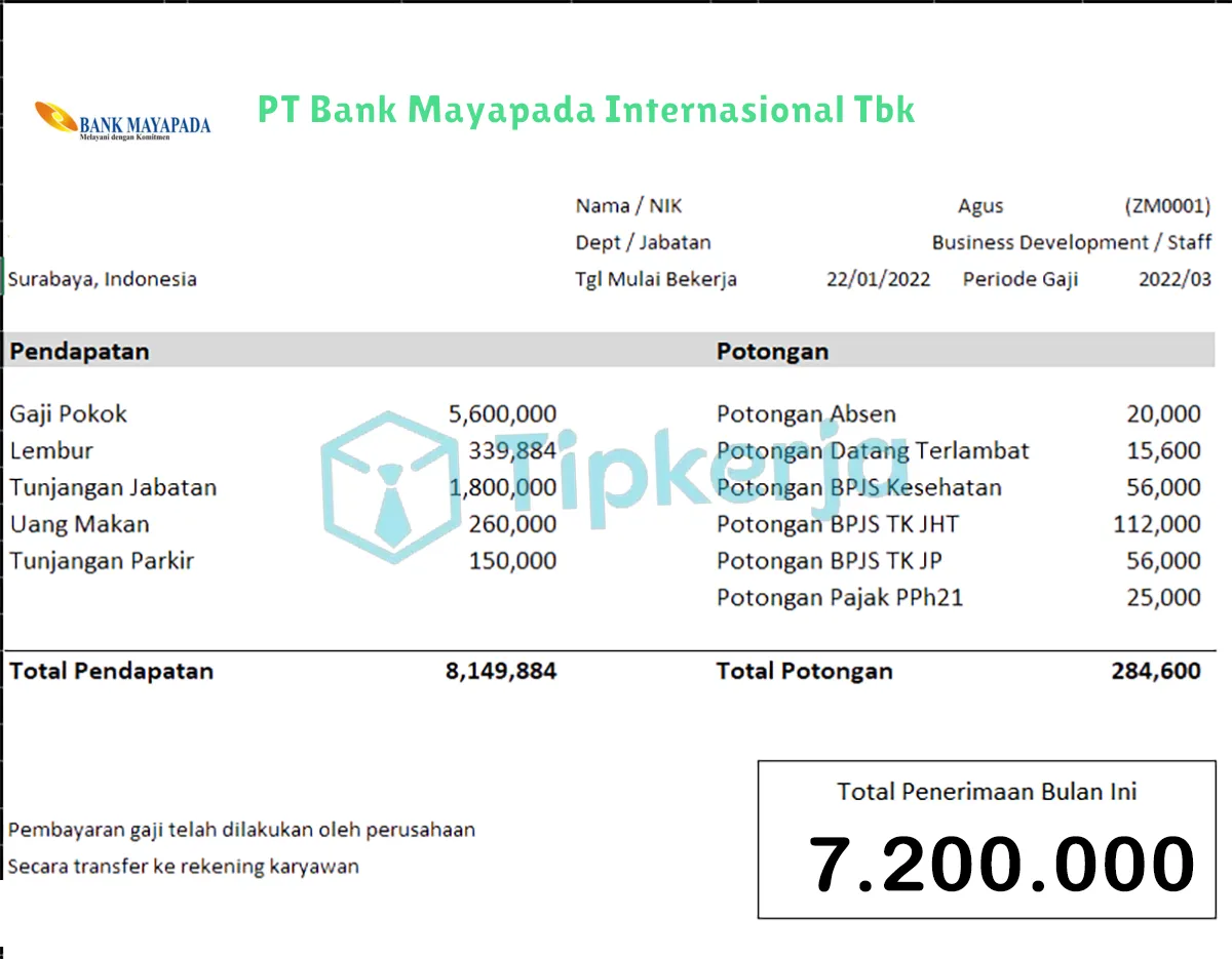 Slip Gaji PT Bank Mayapada Internasional Tbk