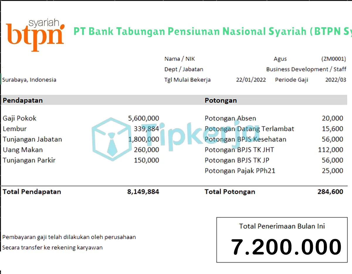 Slip Gaji PT Bank Tabungan Pensiunan Nasional Syariah (BTPN Syariah)