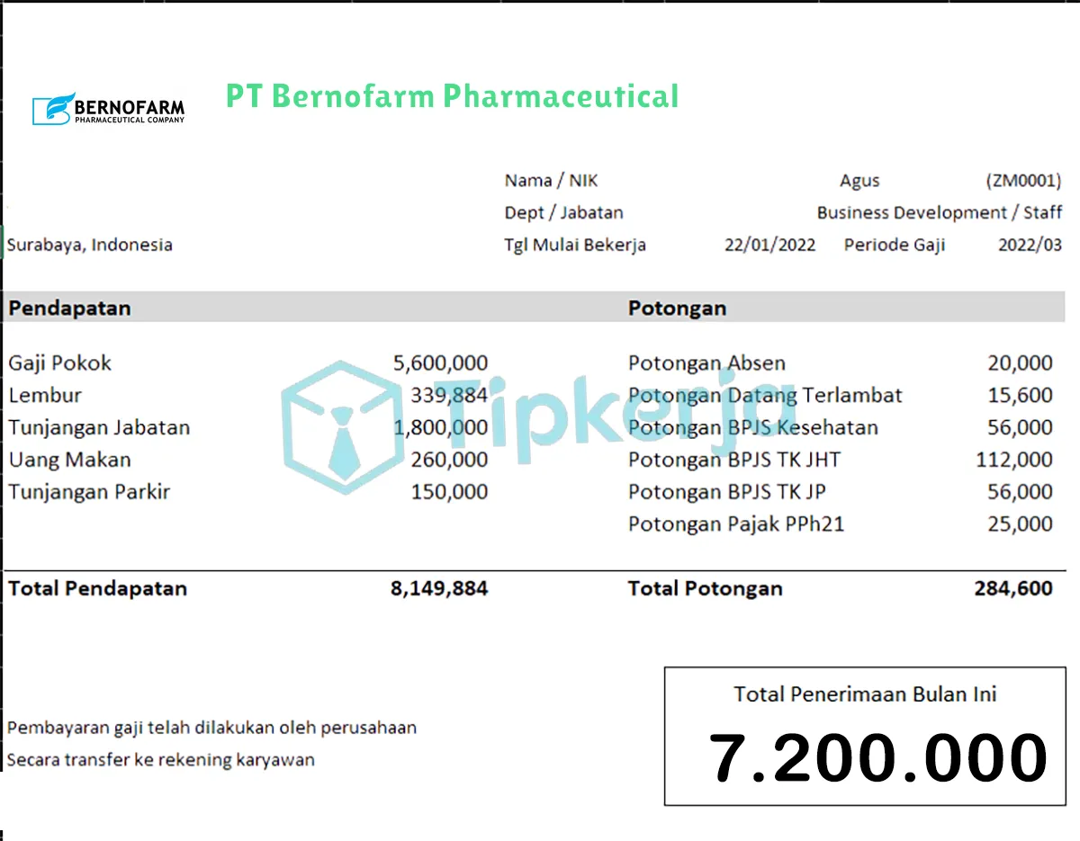 Slip Gaji PT Bernofarm Pharmaceutical