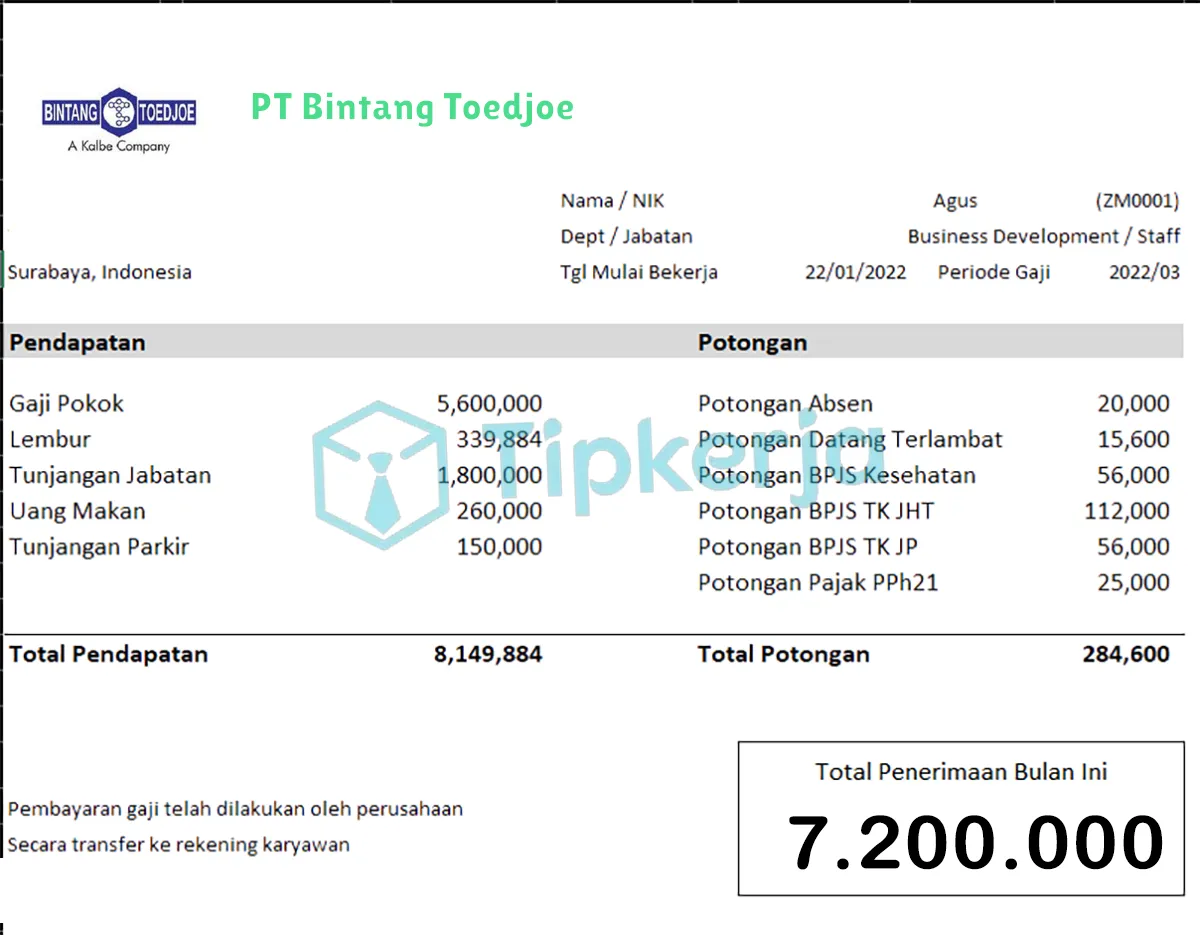 Slip Gaji PT Bintang Toedjoe