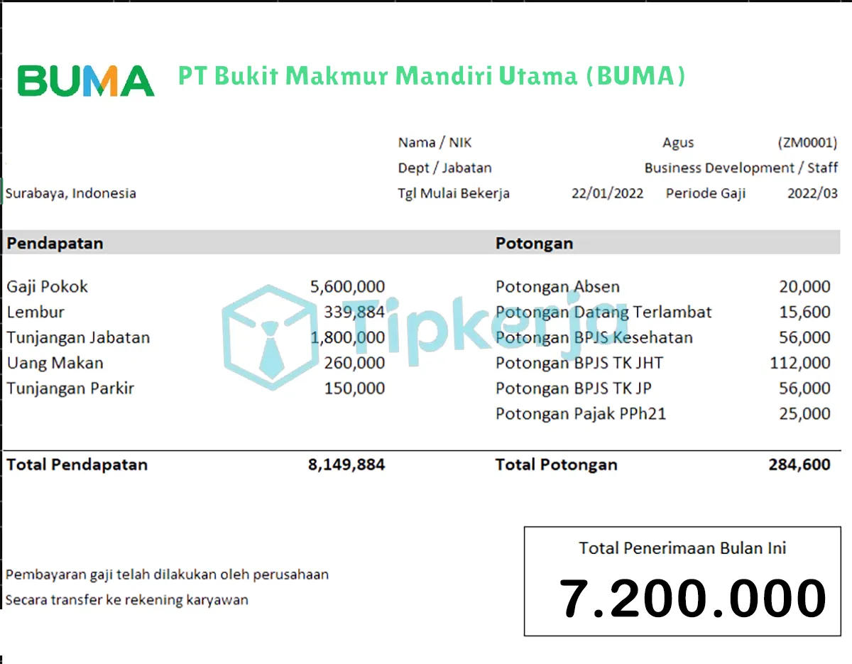 Slip Gaji PT Bukit Makmur Mandiri Utama (BUMA)