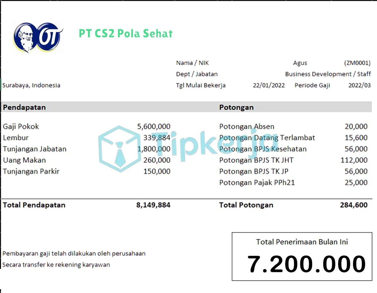 Slip Gaji PT CS2 Pola Sehat