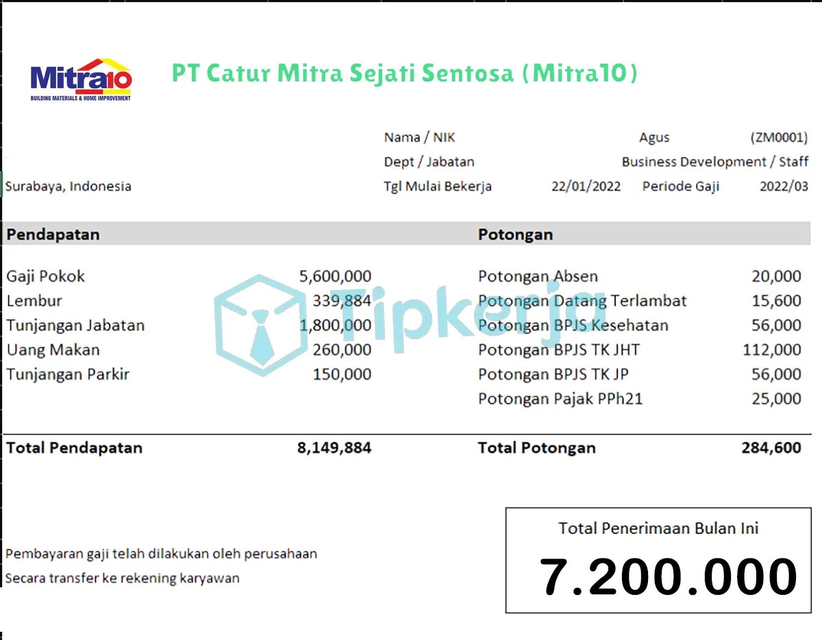 Slip Gaji PT Catur Mitra Sejati Sentosa (Mitra10)