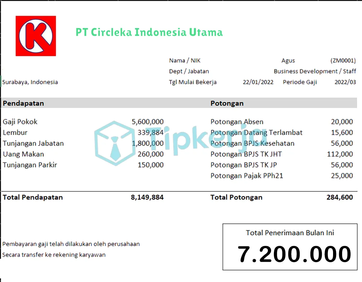 Slip Gaji PT Circleka Indonesia Utama 