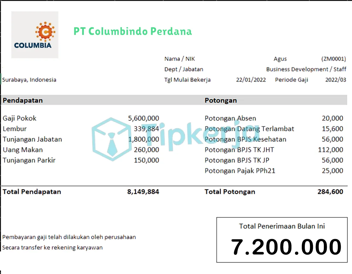 Slip Gaji PT Columbindo Perdana