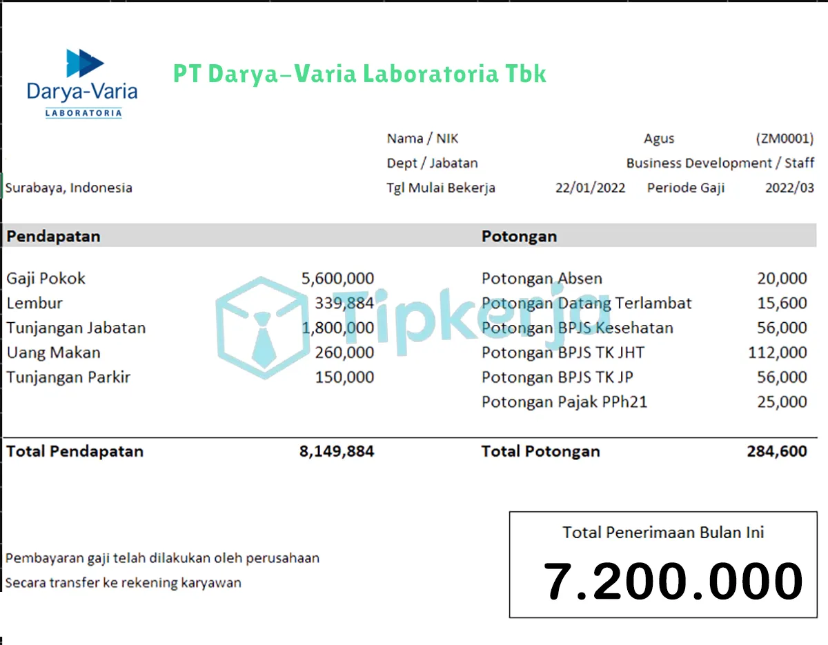 Slip Gaji PT Darya-Varia Laboratoria Tbk