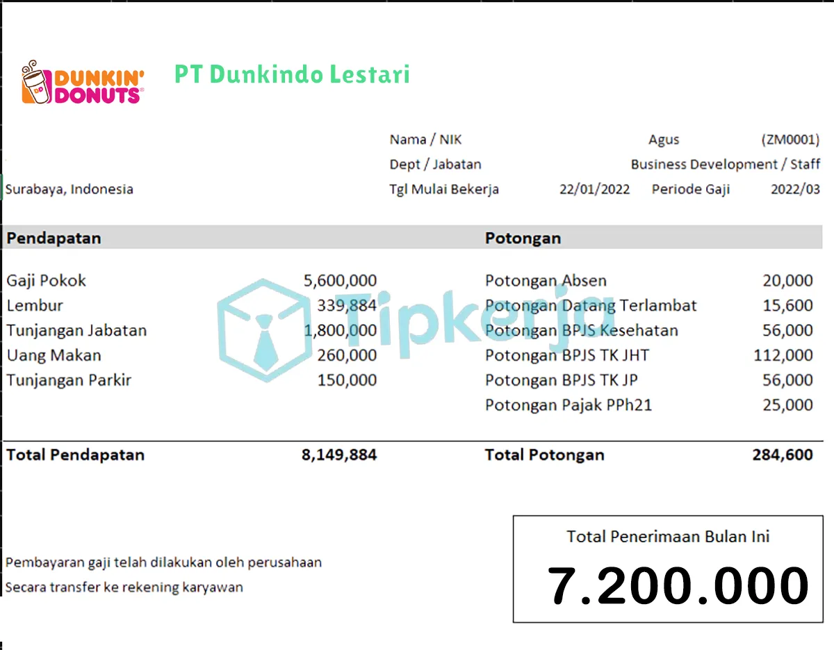 Slip Gaji PT Dunkindo Lestari