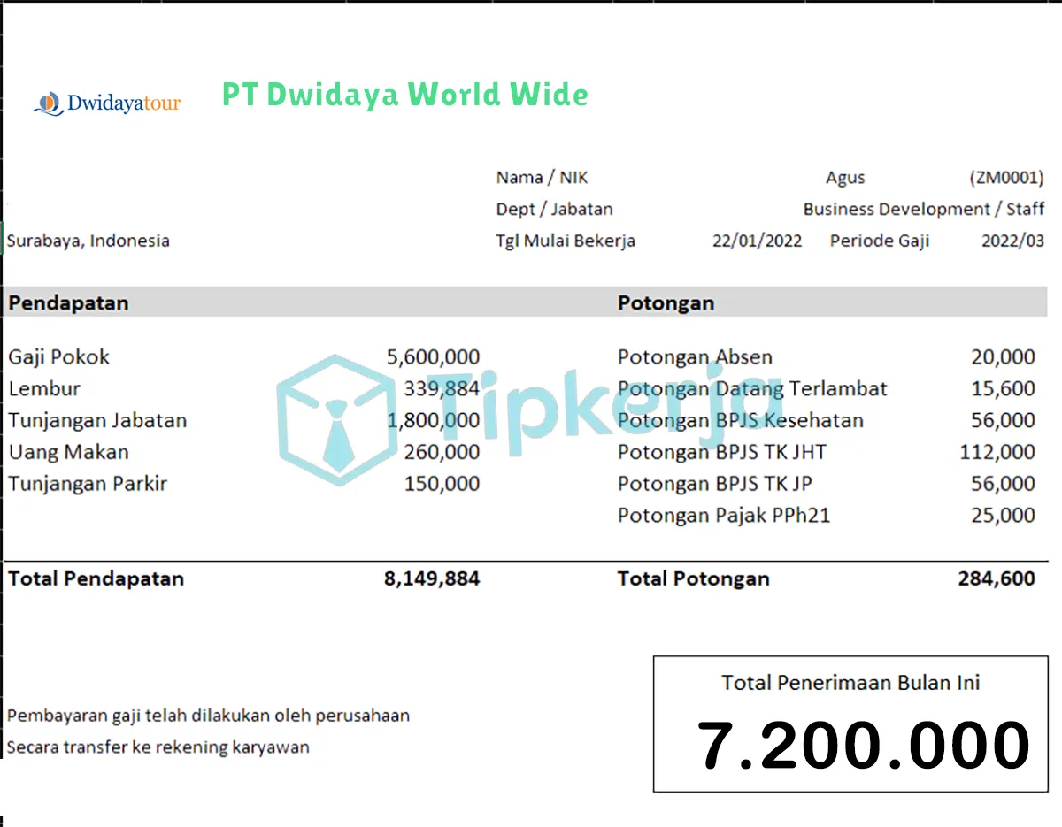 Slip Gaji PT Dwidaya World Wide