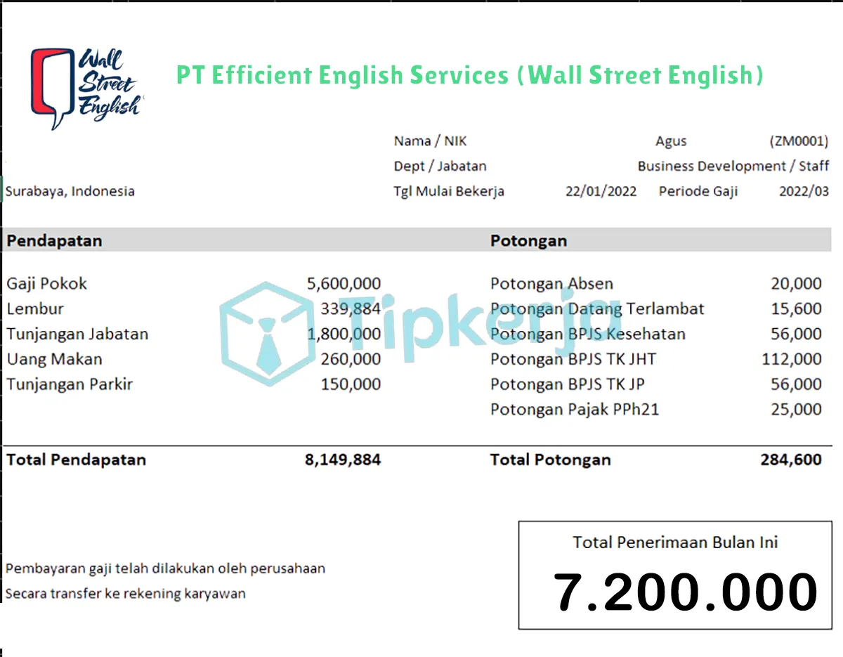 Slip Gaji PT Efficient English Services (Wall Street English)