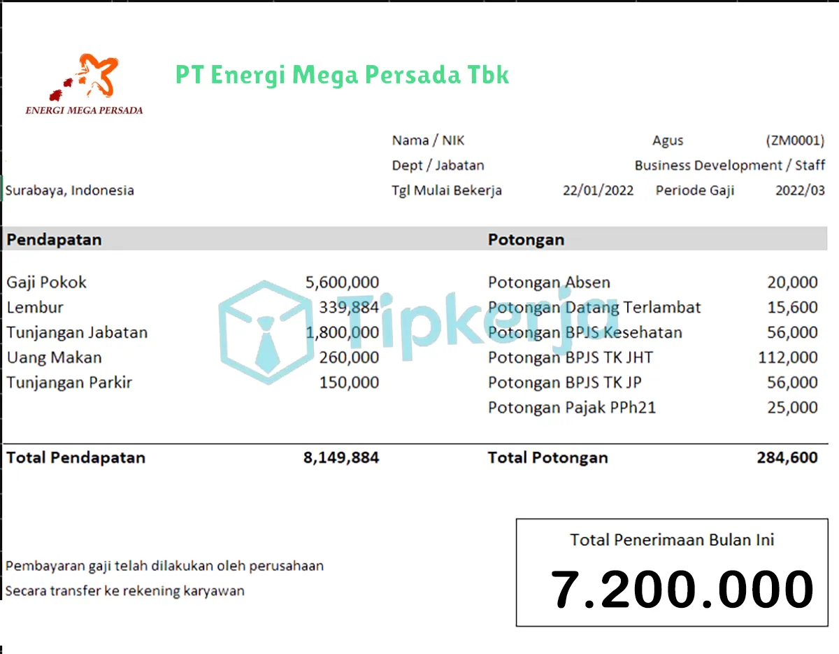 Slip Gaji PT Energi Mega Persada Tbk