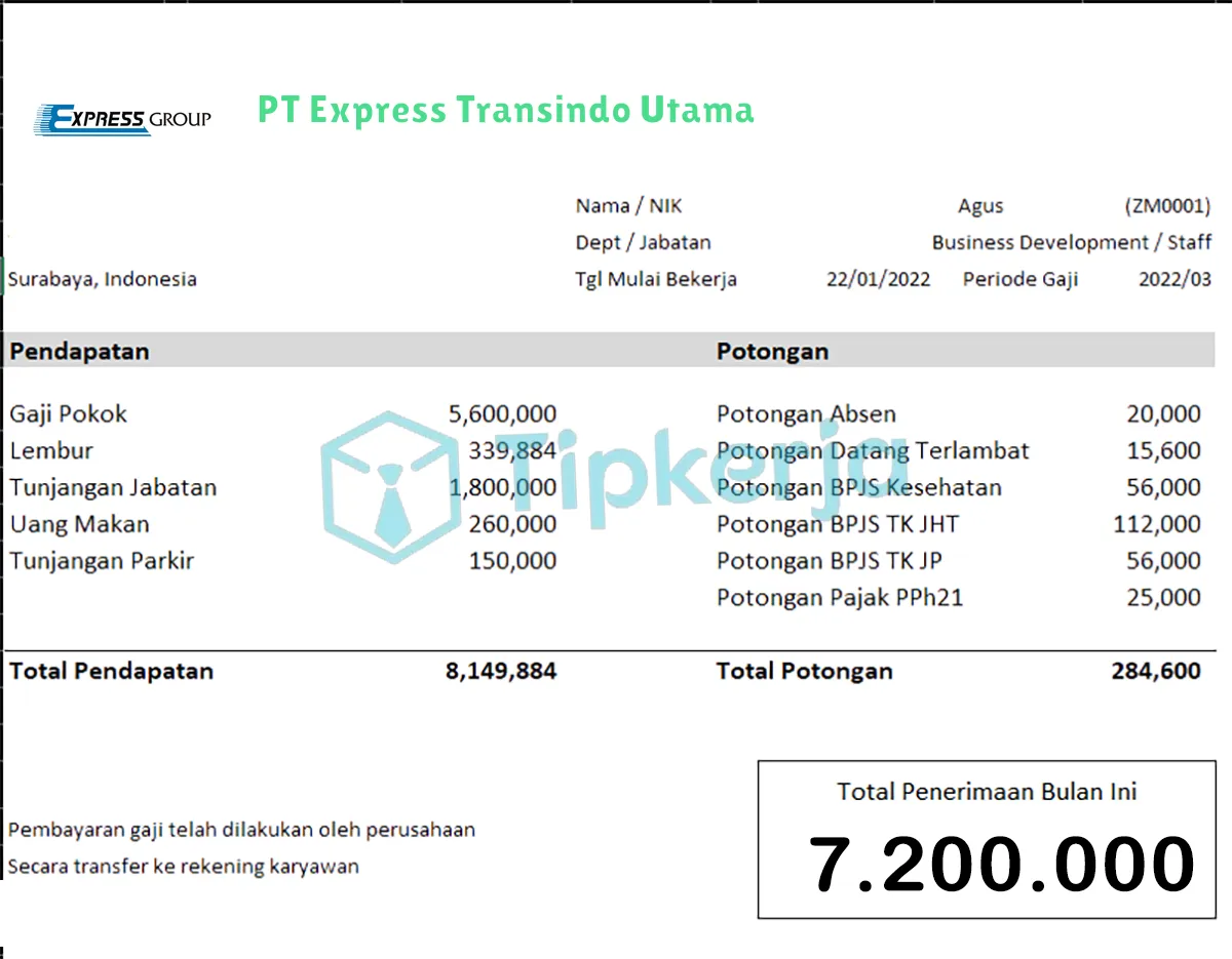 Slip Gaji PT Express Transindo Utama