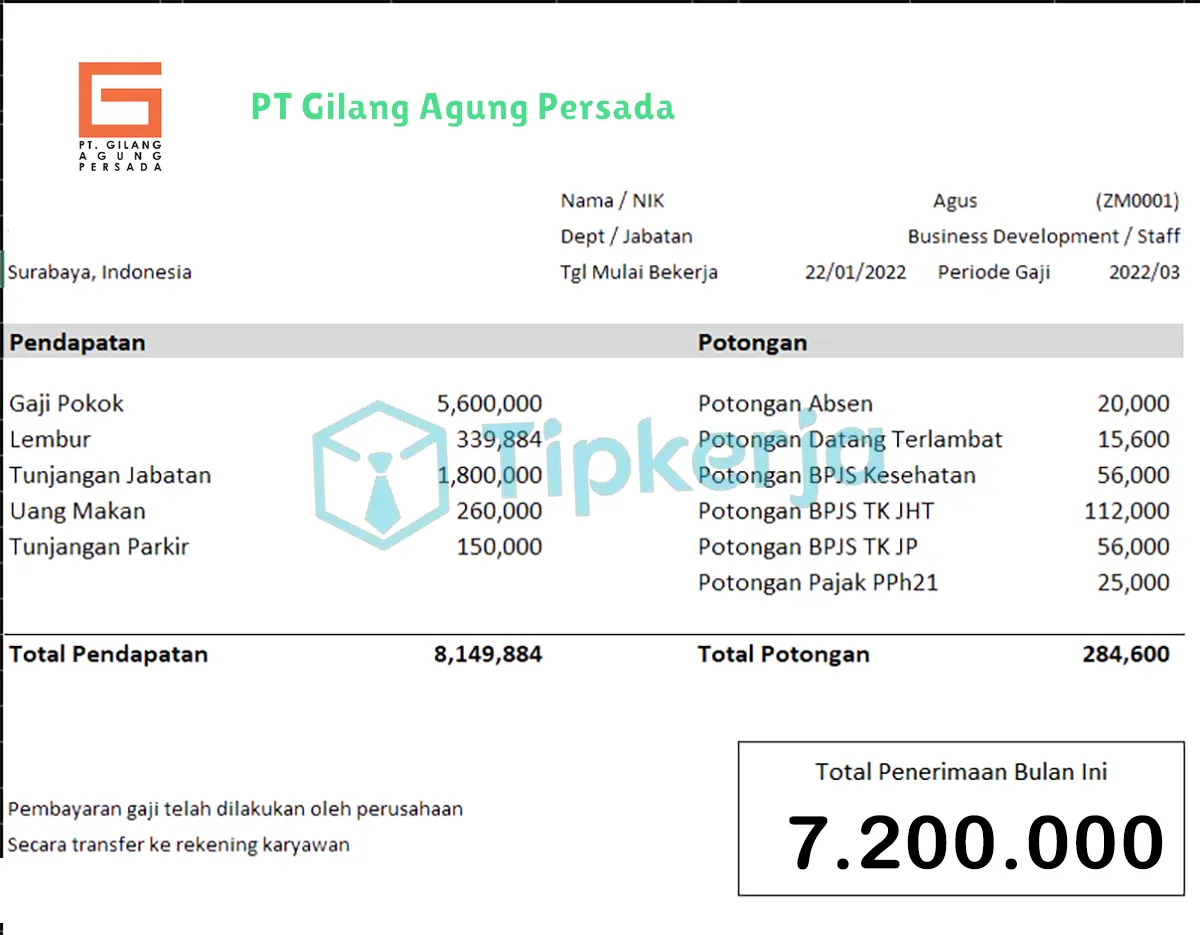 Slip Gaji PT Gilang Agung Persada