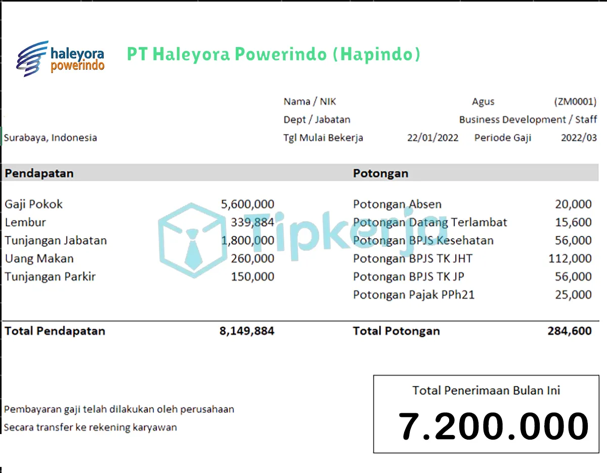 Slip Gaji PT Haleyora Powerindo (Hapindo)