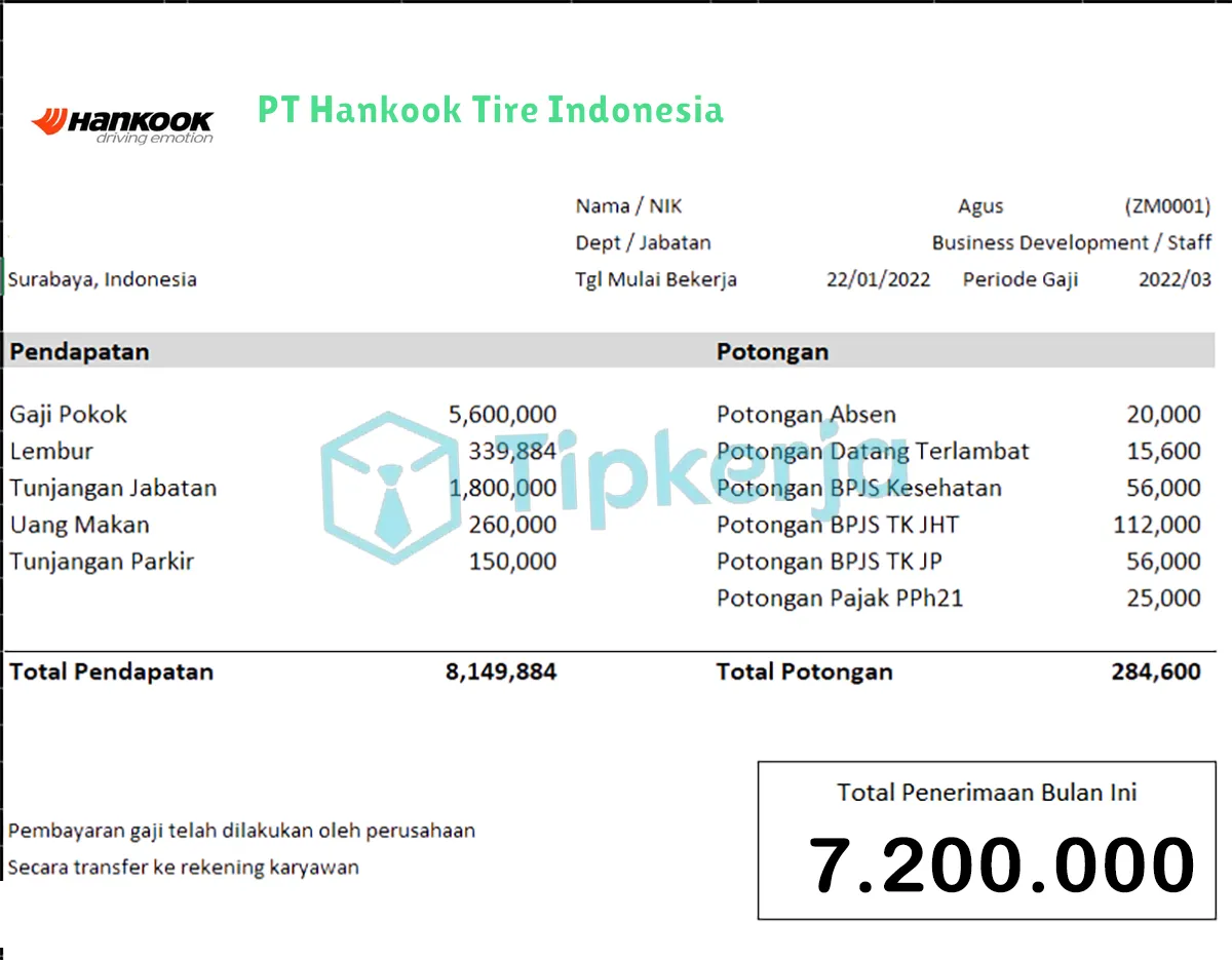 Slip Gaji PT Hankook Tire Indonesia