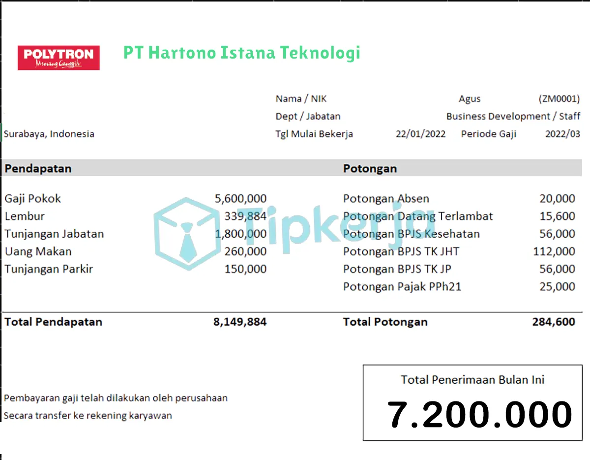 Slip Gaji PT Hartono Istana Teknologi