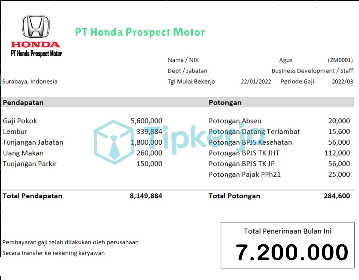 Slip Gaji PT Honda Prospect Motor