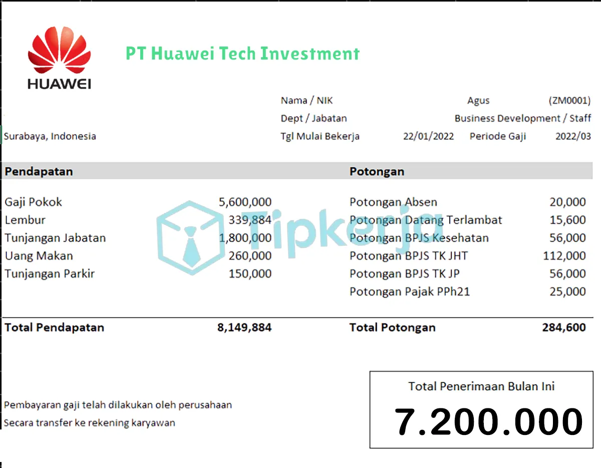 Slip Gaji PT Huawei Tech Investment