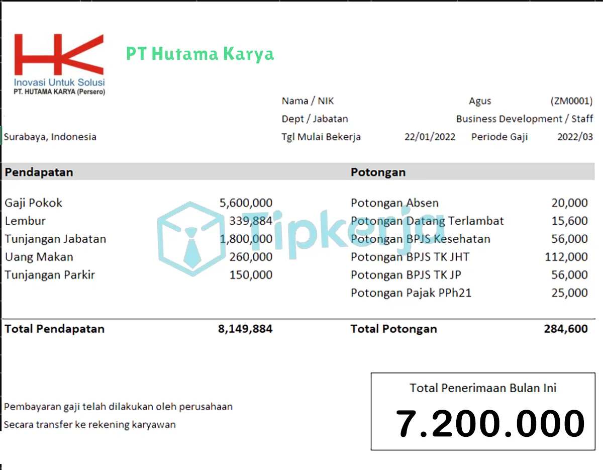 Slip Gaji PT Hutama Karya