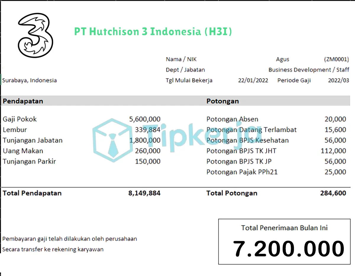 Slip Gaji PT Hutchison 3 Indonesia (H3I)