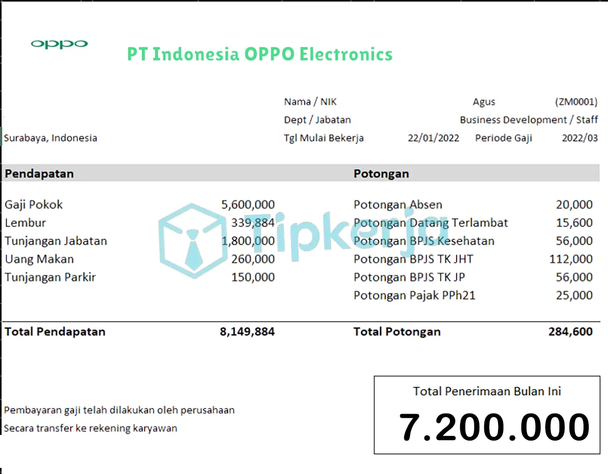 Slip Gaji PT Indonesia OPPO Electronics