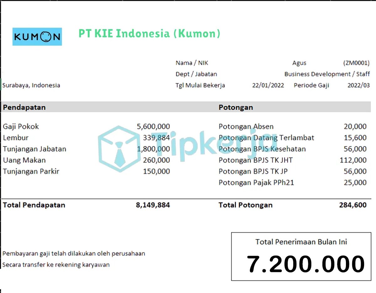 Slip Gaji PT KIE Indonesia (Kumon)