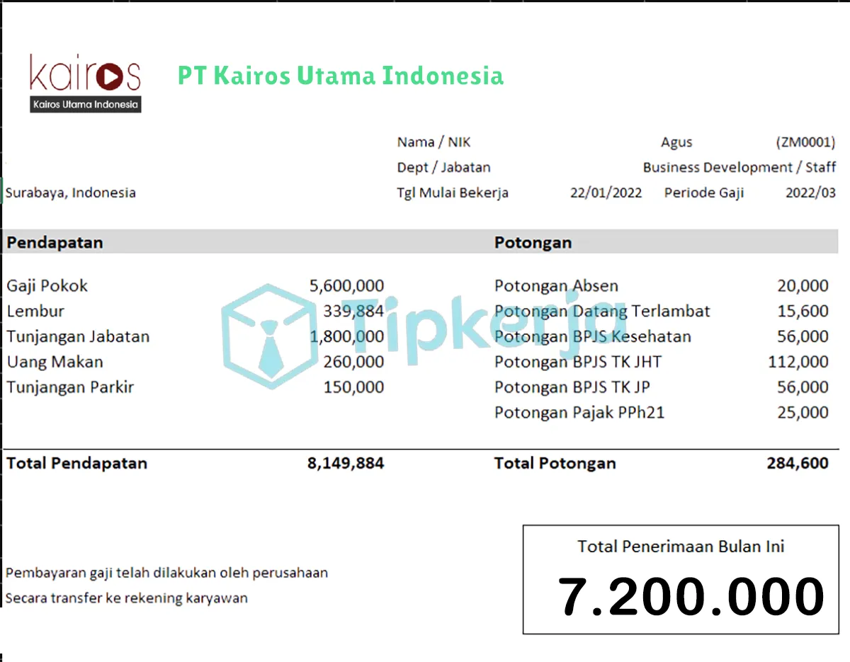 Slip Gaji PT Kairos Utama Indonesia