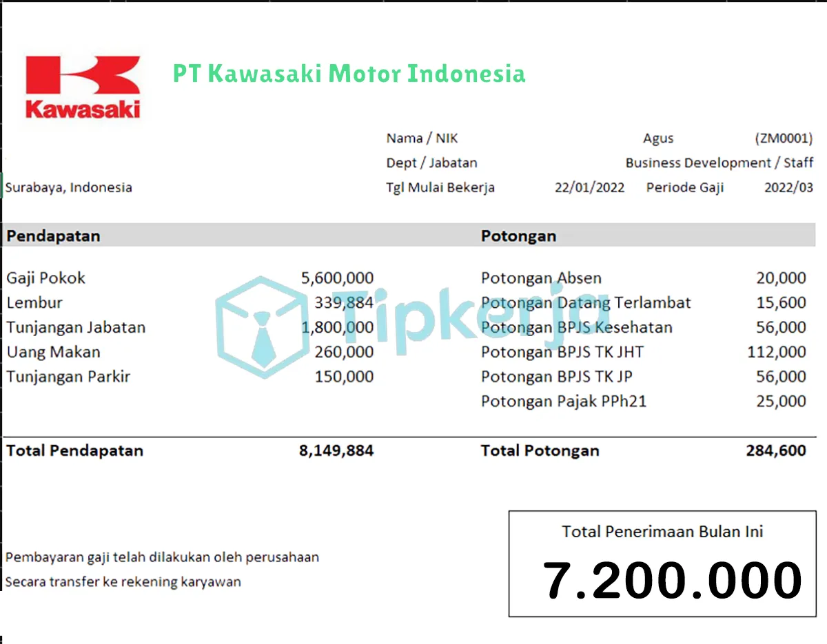 Slip Gaji PT Kawasaki Motor Indonesia